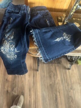 Hot Topic Dark Blue Flare Jeans with Embroidered Silver Accents